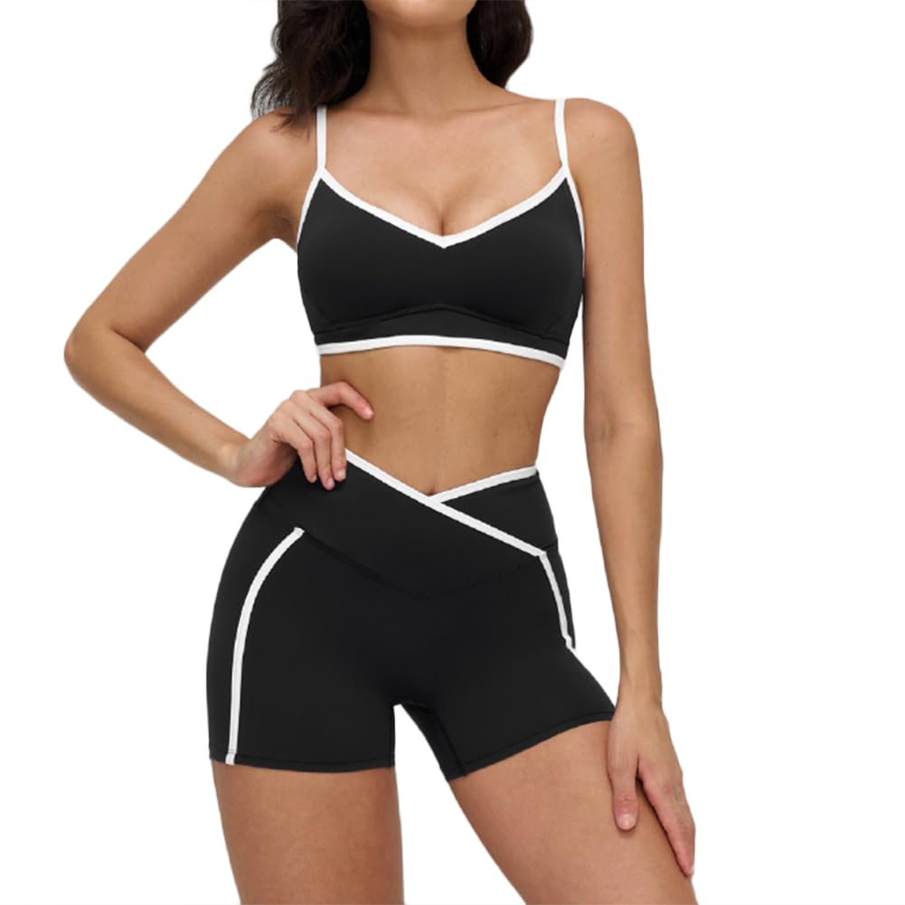 XYFfybhsd Women 2 Piece Contrast Color Quick Dry Yoga Set Beauty Sportswear Push Hip Shorts Pants Yoga Workout (Size:M,Color:Black 2)