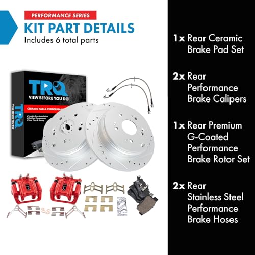 Image of TRQ Performance Rear Brake Pad and Rotor Set Ceramic Slotted Drilled Coated