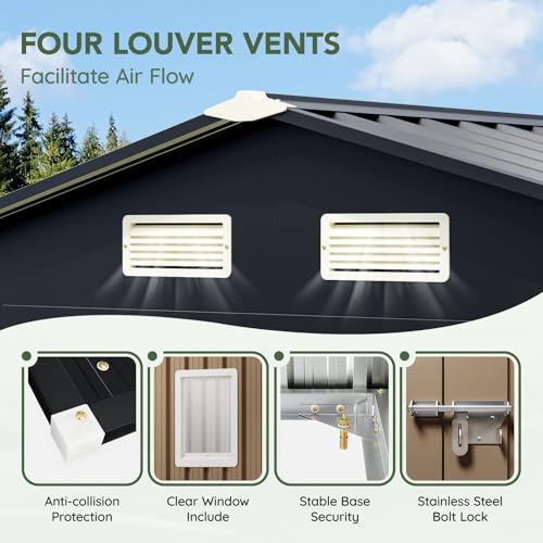 Image of Upgrade 10x8FT Outdoor Metal Storage Shed with Floor Frame, Double Swing Doors,Clear Windows, Tool Shed for Garden, Patio, Backyard Brown