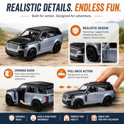 Image of Braintastic Model Diecast Car Toy Vehicle Pull Back Friction with Openable Doors Light & Music Toys for Kids Age 3+ Years (Range Rover Small Grey)