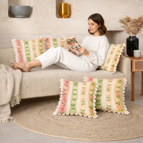 Image of STITCHNEST 'Little Meadow Series' Tassled Cushion Cover | Set of 2 | Floral Cushion Cover 16 inch x 16 inch