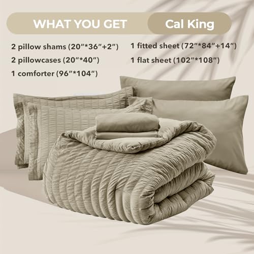 Image of HYMOKEGE Linen California King Comforter Set Seersucker 7 Pieces, All Season Luxury Bed in a Bag for Bedroom, Bedding Set with Comforter, Sheets, Pillowcases & Shams