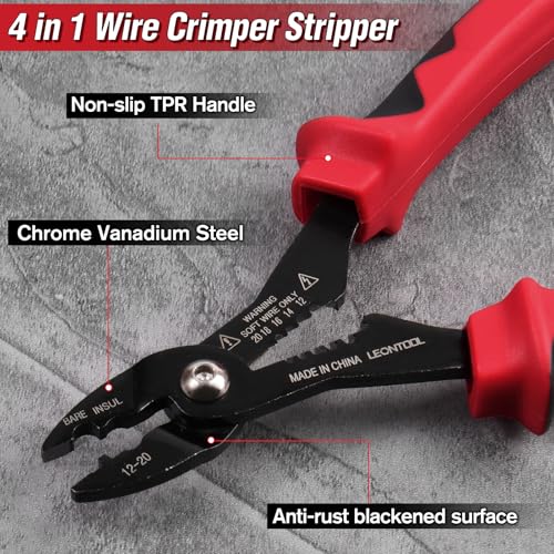 Image of 4-in-1 Multi Purpose Electricians Pliers, TPR Handle | 7 inch Compact Wire Stripper Cutter Crimper Gripper, Tapered Head, Cr-V Steel, for 12-20 AWG Insulated & Non-Insulated Wires