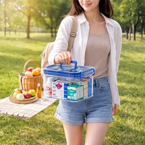 Image of HoopVool Clear Plastic Medicine Storage Box Organizer, Family Emergency Kit with Removable Pill Case Portable Lockable Container for, Art Craft and Cosmetic Household Organizer (Blue, Medium)
