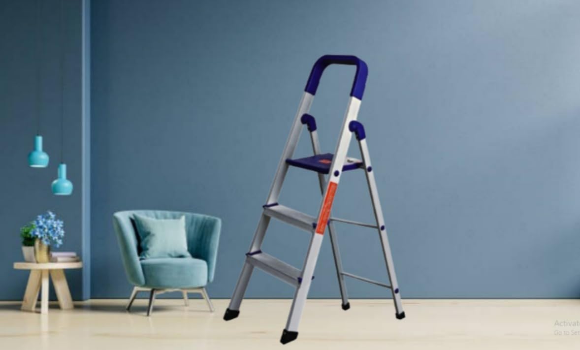 3 Step Ladder, Foldable with Slip-Resistant Steps, Folding Step Stool for Adults with Wide Anti-Slip Pedal, Lightweight, Pro Aluminium Step Ladder (Silver-Blue)-image-44