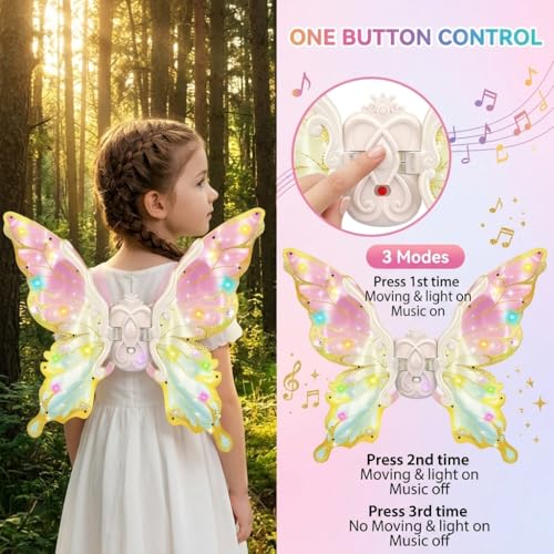 Image of PATPAT Electric Butterfly Wings for Girls with LED Lights and Music, Light Up Moving Fairy Wings for Halloween Christmas Birthday Party, Princess Cosplay Costume Accessory Gift for Kids 0-5 Years