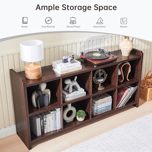 Image of 8 Cube Low Storage Organizer, 63 inch Long Horizontal Bookshelf, Dark Walnut