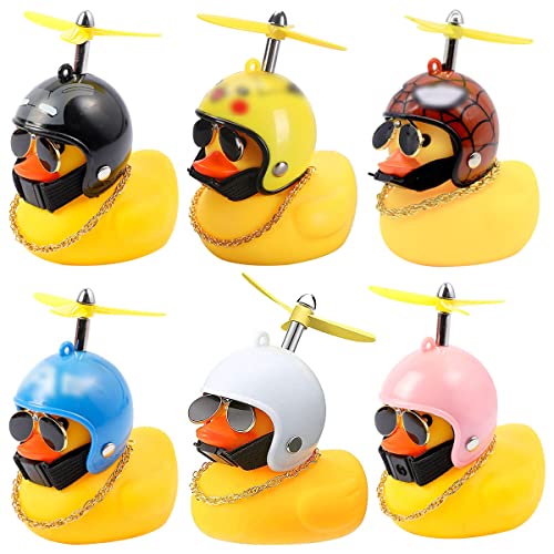 Juguetes de Pato de Goma Decoraciones de Tablero de Coche de Pato 6pcs Adornos de Coche de Pato de Goma Pato Fresco con hélice Casco Gafas de Sol Cadena de Oro,para decoración de bicicletas cochecito