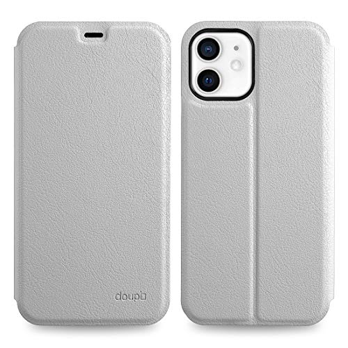 doupi FlipCase for iPhone 12 mini (5.4 inch) - Deluxe Leatherette Magnet Book Style Screen Protector Stand Protective Flip Cover, white
