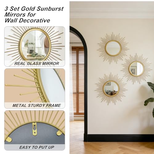 3 Set Sunburst Round Mirrors for Wall Decor Bedroom Bathroom - Image 3