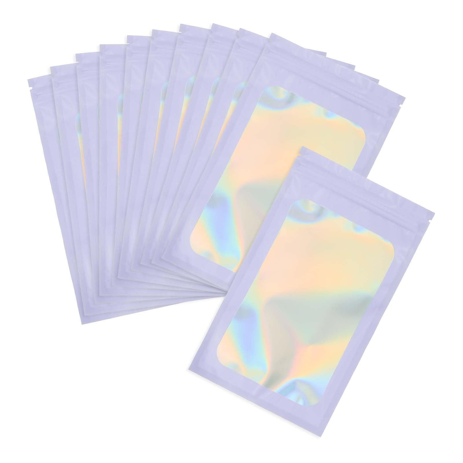 PATIKIL 5 x 8 Inch Holographic Packaging Bags, 100 Pcs Clear Window Resealable Food Storage Smell Proof Foil Pouch Bag for Small Business Party Favor Candy Jewelry, Purple