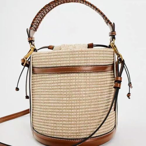 Women's Fashion Woven Bucket Bag Panelled Handbag Shoulder Bag Casual Summer Bag Small Beach Handbag3