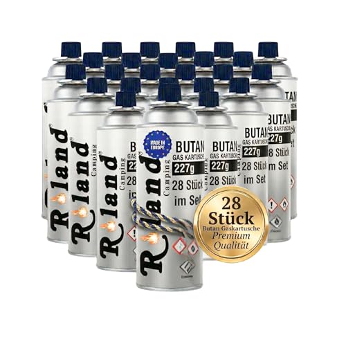 Roland 28 Stück Camping Butan Gaskartusche 227g Gaskartuschen für Gaskocher Lötbrenner & Heizung Premium Qualität Butangas