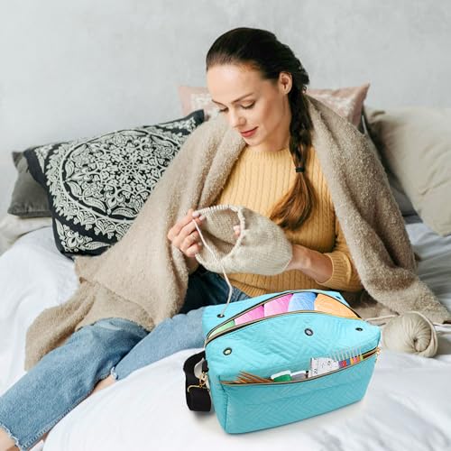 Image of Crochet Bag Organizer, Yarn Bag for Crocheting, Knitting Bag and Totes with Removable Shoulder Strap, Yarn Organizer Holder for Crochet Accessories, Knitting Needles (Blue)