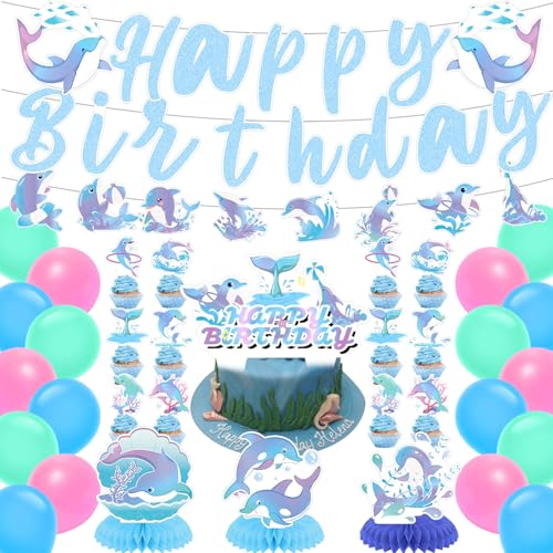 Dolphin Party Decorations Blue Ocean Theme Birthday Supplies with Balloons Banner Cupcake Toppers & Centerpieces Fans for Kids and Adults
