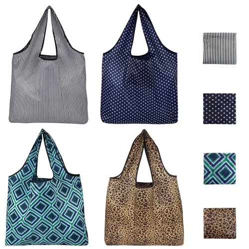 HapSmile 4 Pcs Reusable Shopping Bags Foldable, Fold Up Shopping Bag in Pouch Portable