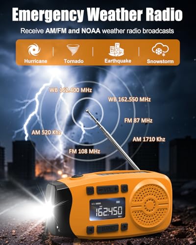 Image of Runningsnail Emergency Weather Radio, 7400mWh Hand Crank Emergency Radio with LCD Display, Support Weather Alert Radio, USB /Solar /Hand Crank,1W Flashlight&SOS Alarm for Outdoor&Home Emergency (Orange)