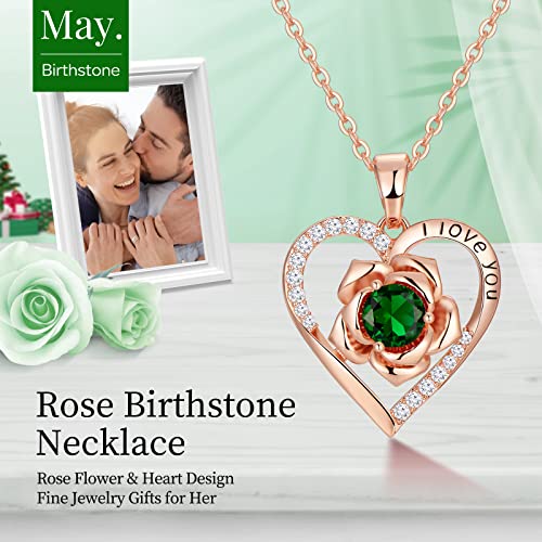 Dfunh Rose Birthday Gifts For Women 14K Gold Necklaces Flower Pendant Necklaces For Girlfriend Mom 30Th Anniversary Birthday Gift Christmas Valentines Day Mother's Day Flower Jewelry Gift For Wife Girls Her(Gold-May-Emerald) #TOP2