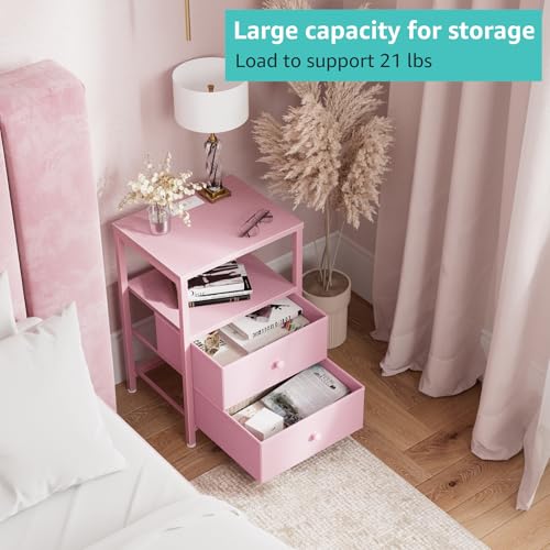Image of BOLUO Pink Nightstand with Charging Station, LED Night Stand with 2 Fabric Drawers, Bedside Table with USB Ports and Outlets, Nightstand for Bedroom Modern