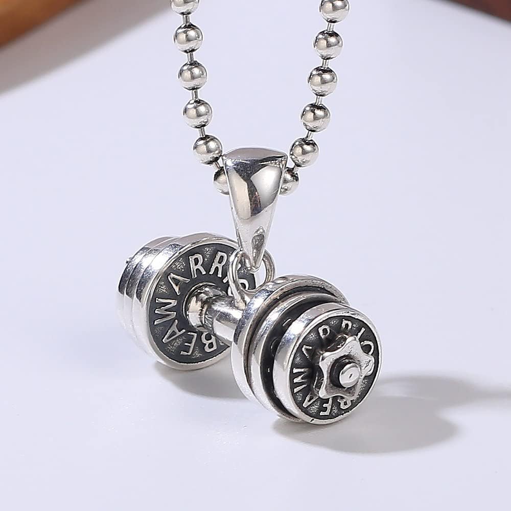 ダンベルネックレス 925スターリングシルバー バーベルペンダントネックレス 男性用 ギフト ヴィンテージ タイシルバーネックレス,