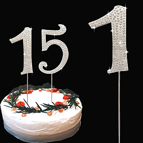 Cake Topper Silver Metal Number 1, Diamond Cake Decoration with Sparkle Rhinestone for Birthday Wedding Anniversary Party