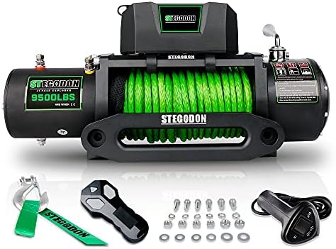 STEGODON New 9500 lb. Load Capacity Electric Winch S3,12V Waterproof IP67 Electric Winch with Hawse Fairlead, Synthetic Rope Winch with Wireless Handheld Remote and Wired Handle(Green-Rope)