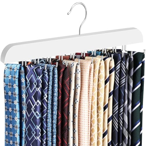 RESOVO Upgraded Tie Rack Hanger with 20 Foldable Metal Hooks, Space Saving Necktie Organizer for Men – Large Capacity Tie and Belt Wooden Hanger for Closet - White