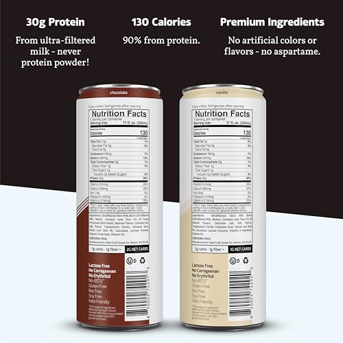 Image of Slate Milk Ultra High Protein Milk Shake (Best Sellers Pack) Chocolate & Vanilla - 30g Protein, 1g Sugar, 130 Calories, 1-2g Net Carbs - No Added Sugar - Lactose Free - Natural - 11 fl oz, 12 Cans