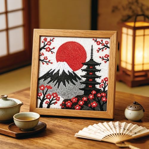 Image of BEUNITONE 2Set Punch Needle Kit with Frame for Adults Beginners, Japanese Style Needlepoint Crafts Kit for Adults, Complete Embroidery Starter Kits with Pre-print Pattern for Gift Home Decor 9.4 inchx9.4 inch