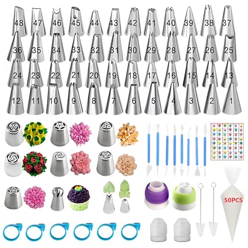 YOQXHY 130 Pcs Piping Bags and Tips Set with 48 Numbered Icing Tips,7 Russian Tips,1 Ball Tip,2 Leaf Tips,Pattern Chart,8 Carved Pens,4 Couplers,6 Ties,50 Disposable Pastry Bags for Cake Decorating