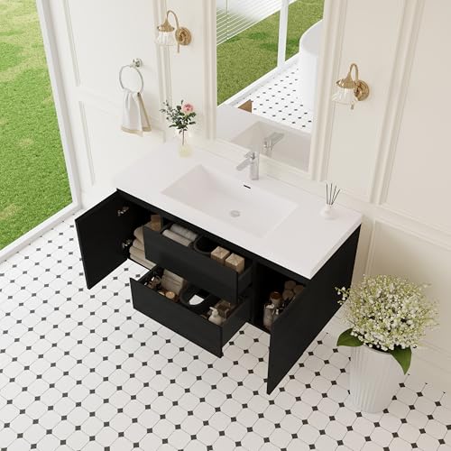 Image of KEIKI 48 inch Floating Bathroom Vanity with Sink, Pre-Assembled Wall-Mounted Vanity with Resin Basin, 2 Soft-Close Drawers & Doors, Modern Space-Saving Bathroom Cabinet, Black