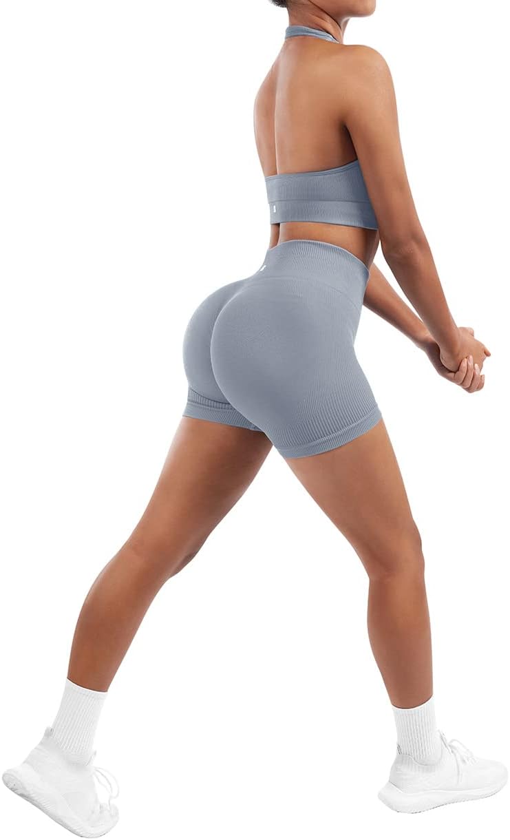 SUUKSESS Women Seamless Ribbed Workout Set Backless Sports Bra Booty Biker Short - Image 7