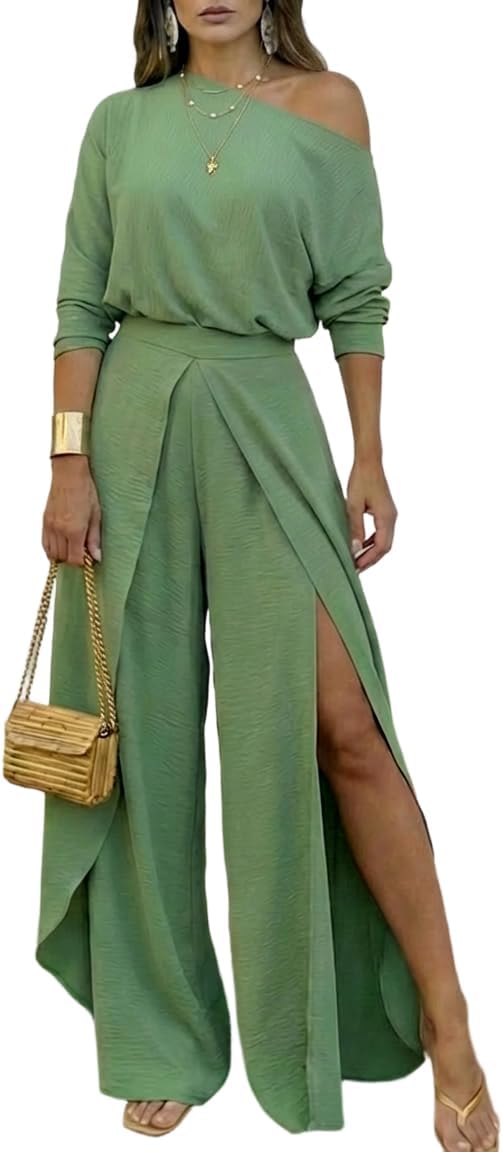 CHICME Women Summer 2 Piece Outfits Off Shoulder Batwing Sleeve Top Flowy Slit Wide Leg Pants Sets Trave Matching Set