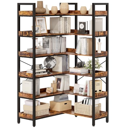 KOUSEI 6-Tier L-Shaped Reversible Corner Bookshelf, 69" Rustic Brown Industrial Wood & Metal Bookcase, Wide Open Shelves + 4 Hooks for Living Room/Bedroom/Home Office