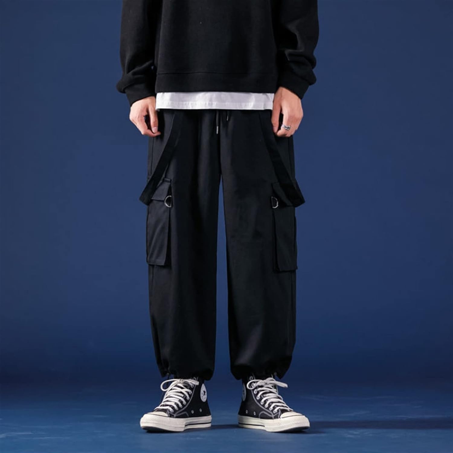 メンズズボン 黒カーゴパンツ男性夏カジュアルオーバーオールソリッド緩いストレートズボンヴィンテージ特大男性服ストリート (Color