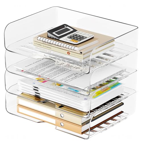Tomorotec Juego de 4 bandejas de escritorio para cartas, tamaño A4, organizador de documentos apilable de PET transparente, soporte de documentos de oficina, soporte de papel de escritorio, estante de