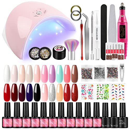 Shelloloh Kit 20pcs Vernis Gel Semi Permanent 36W Lampe UV/LED Gel Ongle Ponceuse Pour Ongle Machine Vernis avec Semi Permanent Kit Ongle Gel uv Complet
