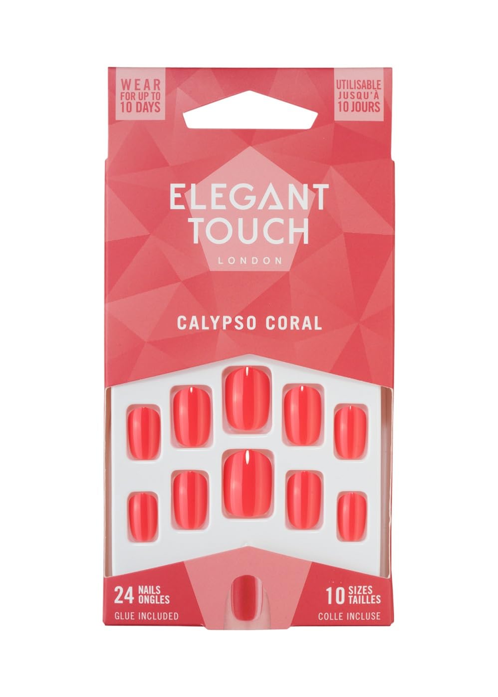 Elegant TouchCalypso Coral Squoval False Nails, 1 Count (Pack of 1), Glossy, Full Cover, Resin, 18+ Women, Tropical/Beach