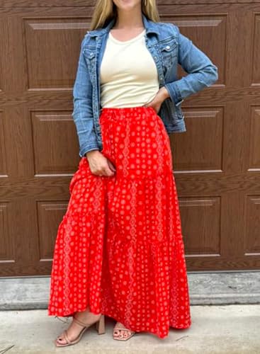 Image of Happy Sailed Womens Floral Print Boho Maxi Skirt Elastic High Waist Pleated Ruffle Flowy Long Skirts S-XL