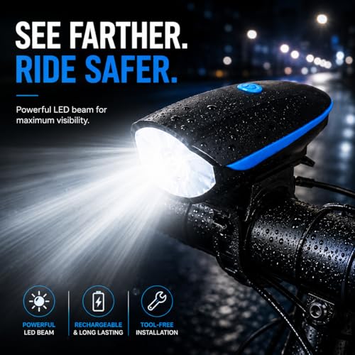 Image of PulGos Rechargeable Cycle Light for Bicycle with ๐๐๐๐๐ Horn (๐ Sound Modes), Bright LED Cycle Headlight(๐ ๐๐ข๐ ๐ก๐ญ ๐๐จ๐๐), Up to ๐๐ ๐ก๐ซ๐ฌ ๐๐๐ญ๐ญ๐๐ซ๐ฒ ๐ฅ๐ข๐๐, Ideal for Night Riding