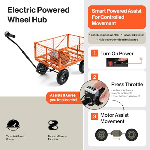 Image of SuperHandy Electric-Assist Garden Cart - 5.7 Cubic Ft Utility Wagon, 440lbs Load, All-Terrain 10in Wheels, Anti-Rust Steel Frame, Convertible Flatbed Design