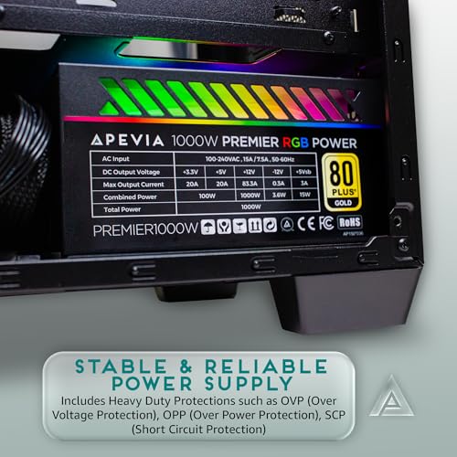 Image of Apevia ATX-PM1000W PCIe 5.0 & ATX 3.0 Ready Premier 1000W 80+ Gold Certified, Includes PCIe 5.0 / Gen 5 12VHPWR Connector, Active PFC ATX Semi-Modular Gaming Power Supply with 366 RGB Light Modes