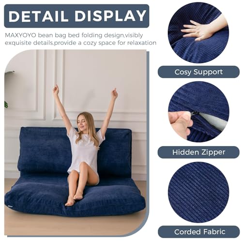 Image of MAXYOYO Folding Sofa Bed, Extra Thick and Long Floor Sofa Convertible Chair with Washable Cover, Floor Couch Lounge Bean Bag Bed for Living Room, Navy, 39x91 Inch