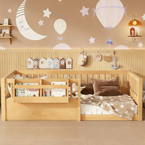 Image of Bellemave Twin Size Kids Montessori Floor Bed,Solid Wood Floor Bed Frame with Bookshelf and High Fence for Kids,Girls,Boys,Natural