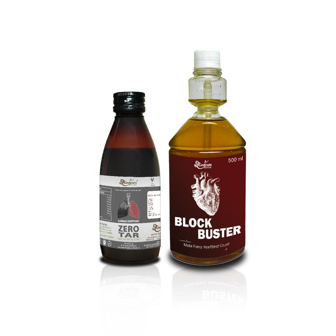 Hindrishi Ayurveda Lungs Detox & Heart Wellness Combo, Zero Tar & Block Buster, Honey, Lemon, Ginger, Garlic, Apple Cider Vinegar, Jatamansi, Sea Buckthorn