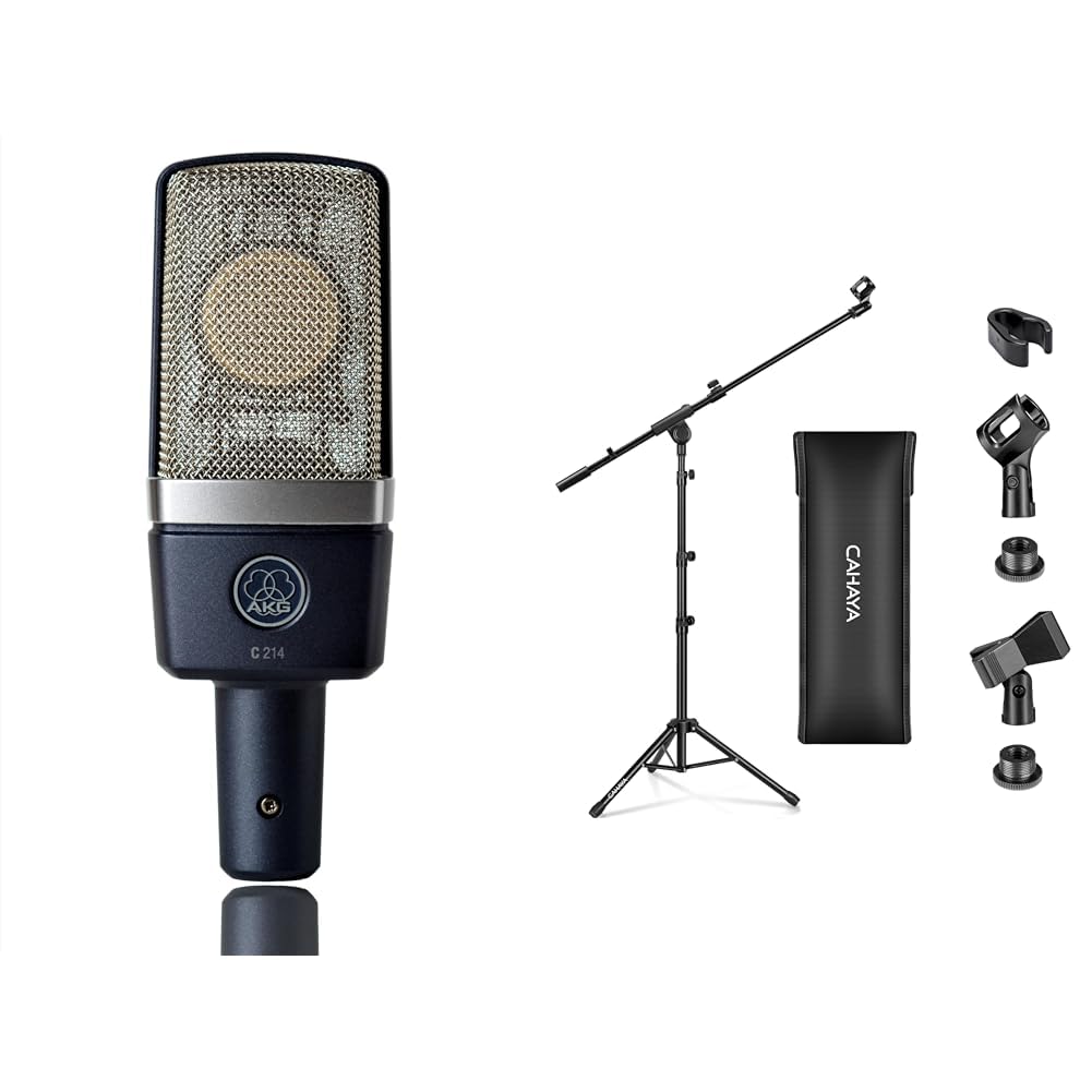 AKG C214 - Micrófono de Condensador & CAHAYA Soporte de Micrófono con Brazo con Dos Pinzas para Microfonos Pie de Micrófono Plegable