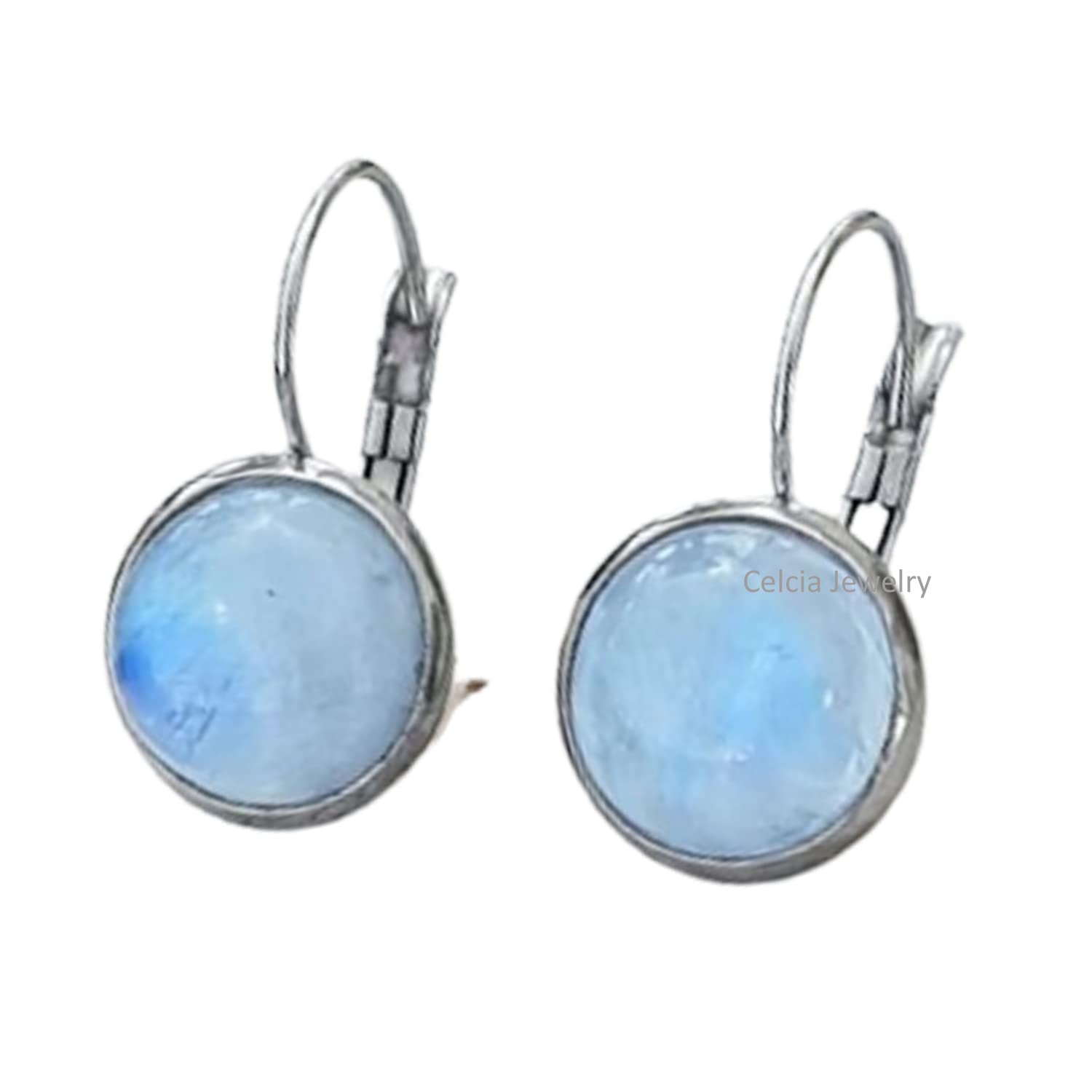 Pendientes de palanca de plata de ley 925 maciza para mujer, piedra lunar arcoíris natural Piedra preciosa redonda Increíble hecho a mano Regalos de piedra natal de junio