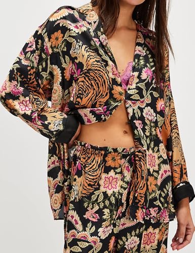 Image of Yimoon Satin Pajama Set for Women Silk Pajamas Set 2 Piece Floral Cute Pj Set Long Sleeve Pjs Sleepwear
