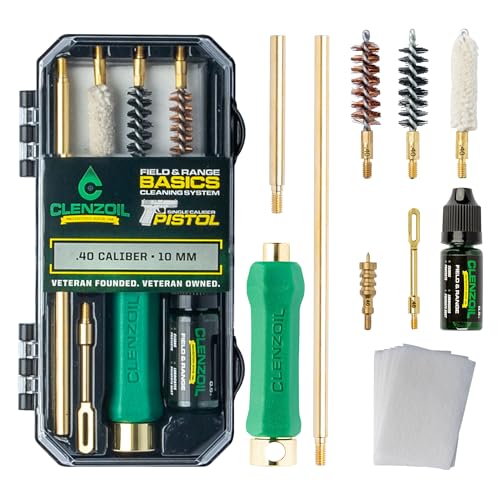 Clenzoil Pistol Basics Single-Caliber Cleaning Kit - All-in-One Gun Cleaning Kit - Gun Maintenance & Firearm Care - with Bore Brushes, Gun Oil & More - for 40 Caliber & 10 mm Pistols