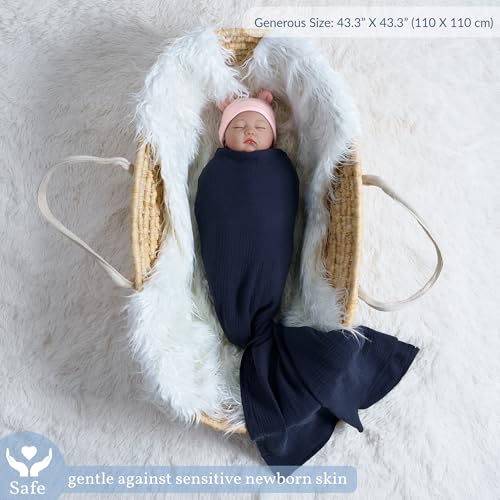Image of Meracorallo Muslin Swaddle Blanket, 100% Cotton Receiving Blanket Soft and Breathable Swaddle Wrap for Baby Boys and Girls, Navy Blue